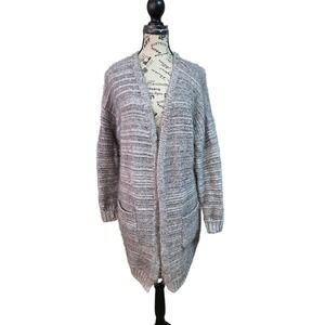 Olive + Oak Gray Marled Fuzzy Eyelash Knit Open Cardigan Sweater Pockets Large